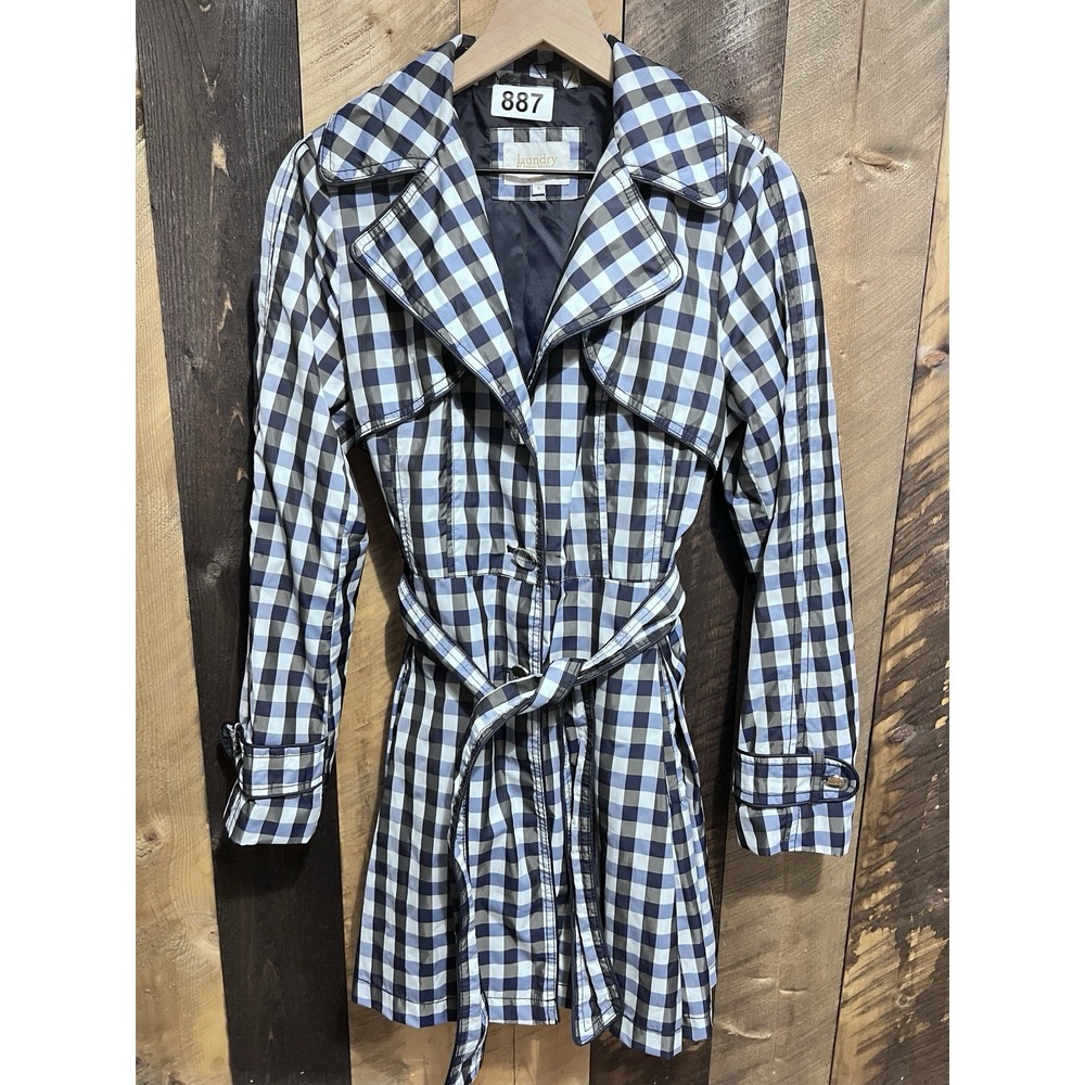 Laundry by Shelli Segal Gingham Trench Coat Belted Navy White Check Women's S